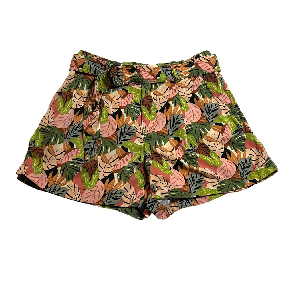 LOFT High Rise Palm Leaf Print Pleated Shorts w/ Belt Size XS Tropical Vacation